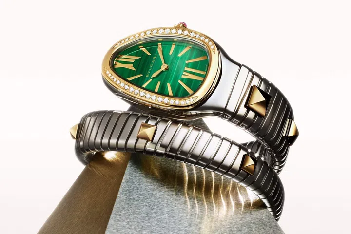 Bvlgari Serpenti Tubogas watch in gold and steel with coiled bracelet design, studded details, and stone dial options