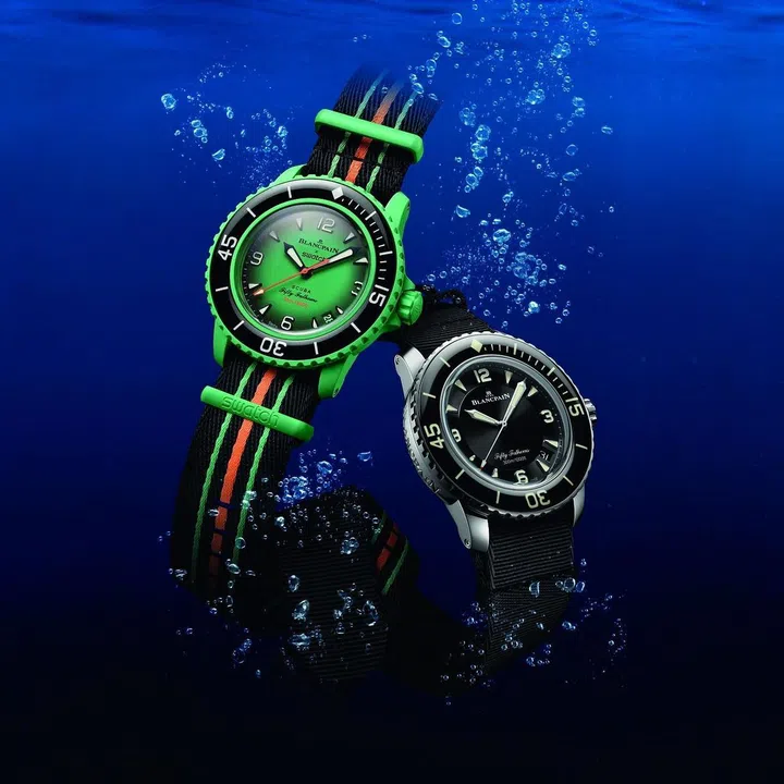 The Bioceramic Scuba Fifty Fathoms "Indian Ocean" next to a Blancpain Fifty Fathoms Automatic. (Photo: Swatch)