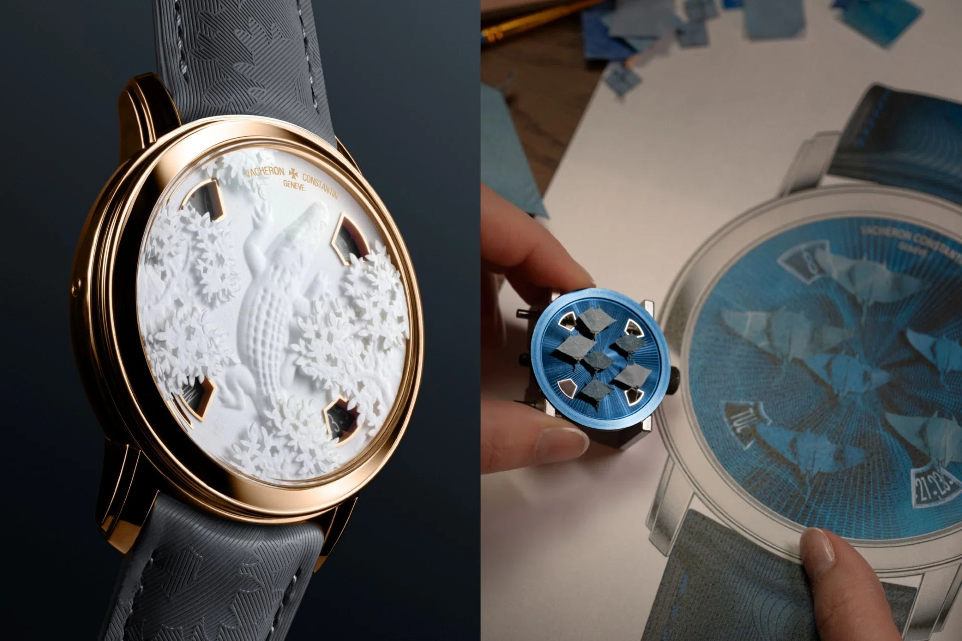 Vacheron Constantin Métiers d’Art Tribute to the Animal Kingdom Papercroc and Oraygami watches, featuring a white cotton paper crocodile and six blue micro-origami manta rays.