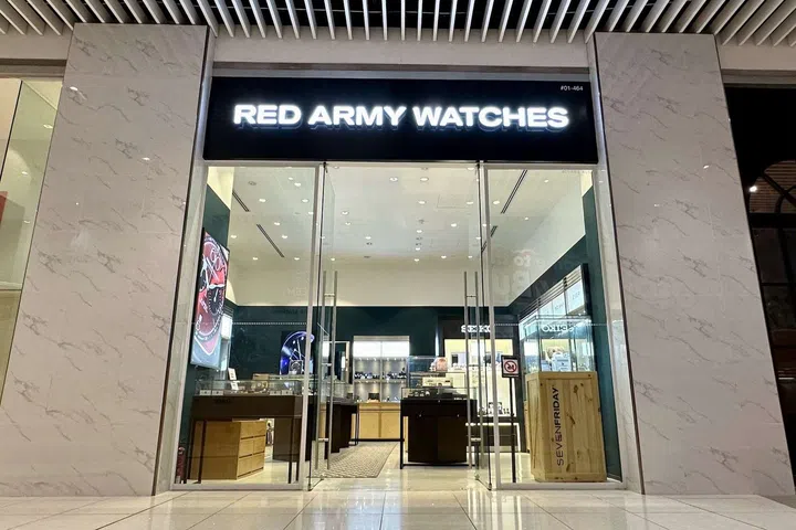 Interior of Red Army Watches at Suntec City in Singapore, a specialist retailer known for independent, microbrand and design-led watches.