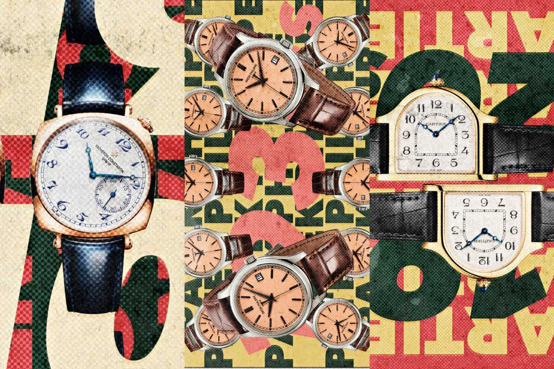 Watches inspired by the past: Vacheron Constantin Historiques American 1921,  Patek Philippe Calatrava Ref. 5227G-015, and Cartier Privé Cloche