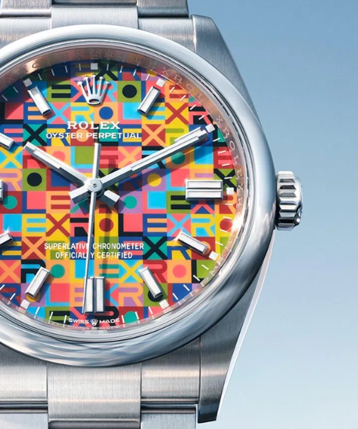 Rolex Oyster Perpetual 36 in Oystersteel with colourful Jubilee motif dial and Oyster bracelet.