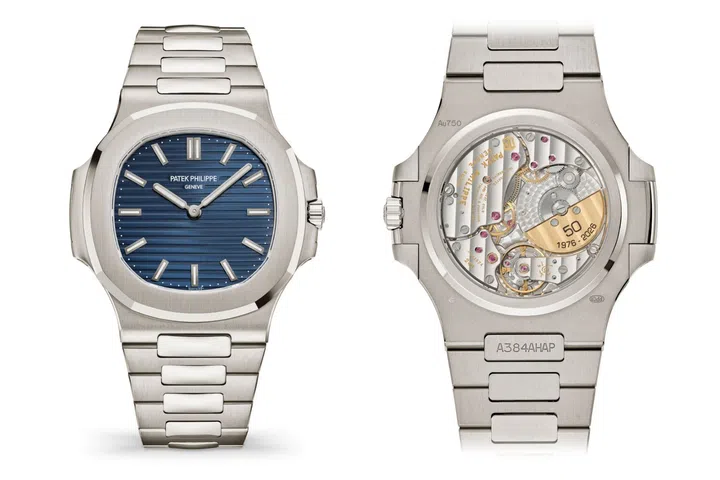 Front and caseback views of the Patek Philippe Nautilus 50th anniversary Ref. 5810/1G-001, showing its blue horizontally embossed dial, white gold case and bracelet, and calibre 240 with 22k gold mini-rotor engraved “50 1976 – 2026”.