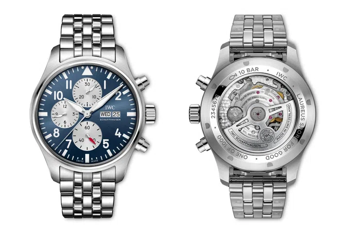 IWC Pilot’s Watch Chronograph Laureus in stainless steel with a signature blue dial, silver-plated subdials and matching steel bracelet, created in support of Laureus Sport for Good.