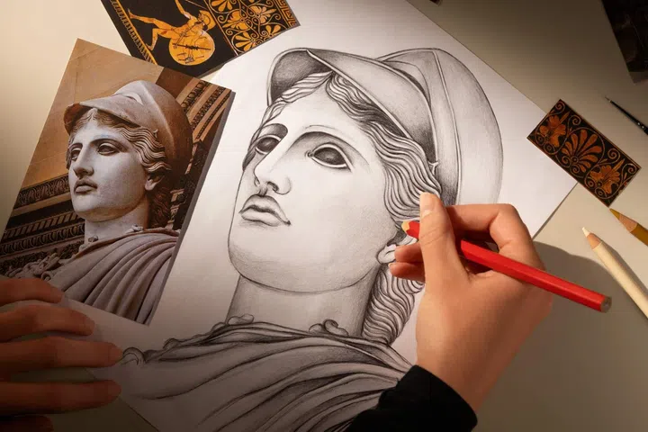 Design sketch of the Athéna de Velletri dial for Vacheron Constantin’s Métiers d’Art Tribute to Great Civilisations collection, showing the three-quarter view of the goddess and surrounding decorative motifs inspired by ancient Greece.