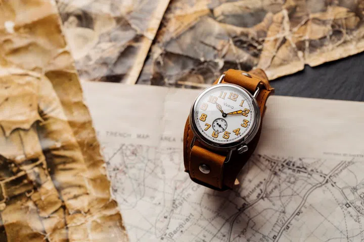 Vario 1918 Trench in brass with a white dial and orange lume. (Photo: Vario)