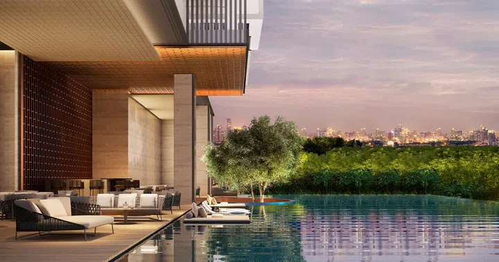 A render of the outdoor infinity pool at Aman Nai Lert Bangkok.