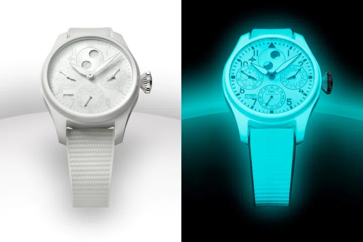 IWC Big Pilot’s Watch Perpetual Calendar Ceralume in 46.5mm luminous white ceramic case with fully glowing dial and perpetual calendar display