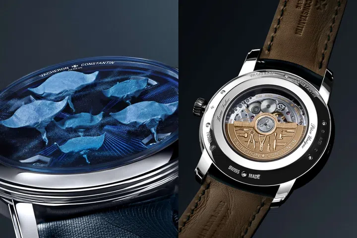 Front and back views of the Vacheron Constantin Oraygami watch, showing six blue micro-origami manta rays and the self-winding Calibre 2460 G4 through the sapphire caseback.