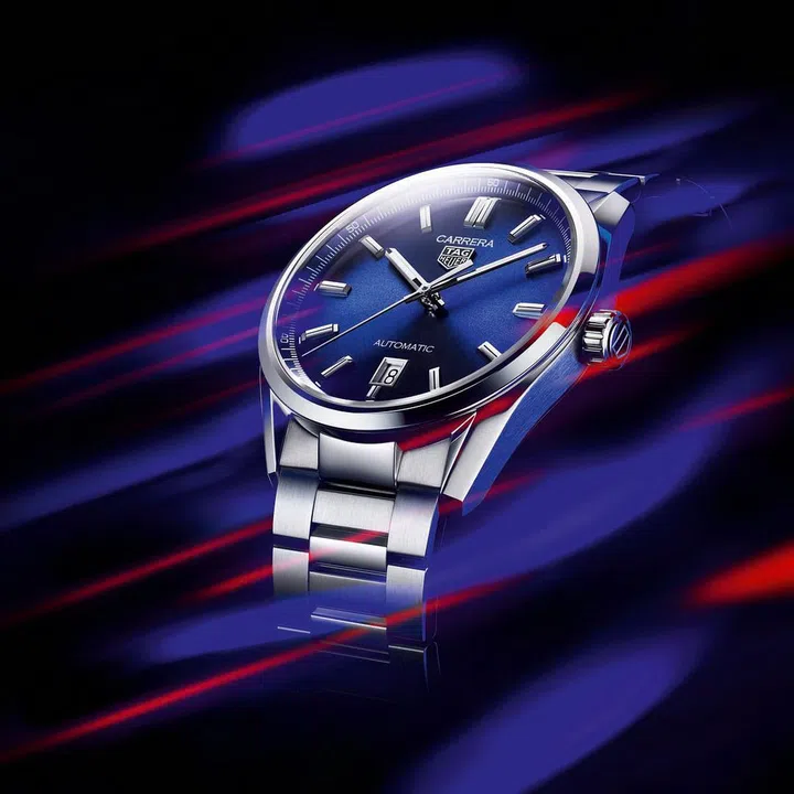 A stylised shot of the TAG Heuer Carrera Three Hands.