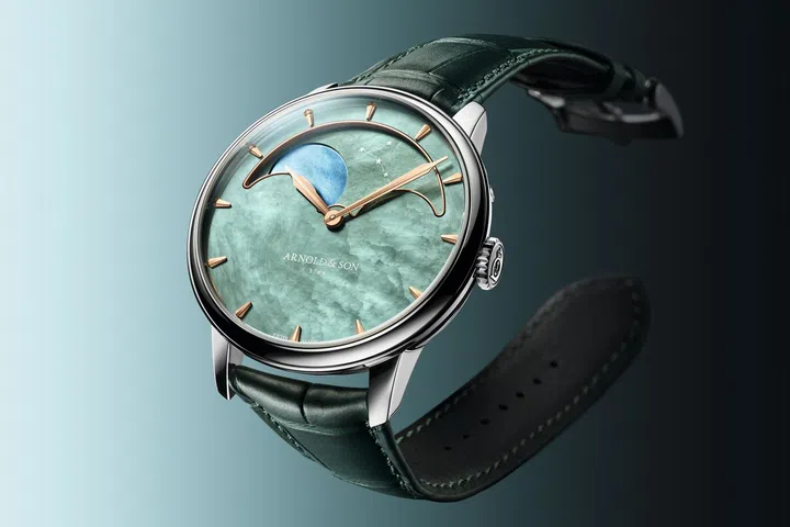 Arnold & Son Perpetual Moon 41.5 Steel “Colours of the Moon” moon phase watch with green dial and a blue moon