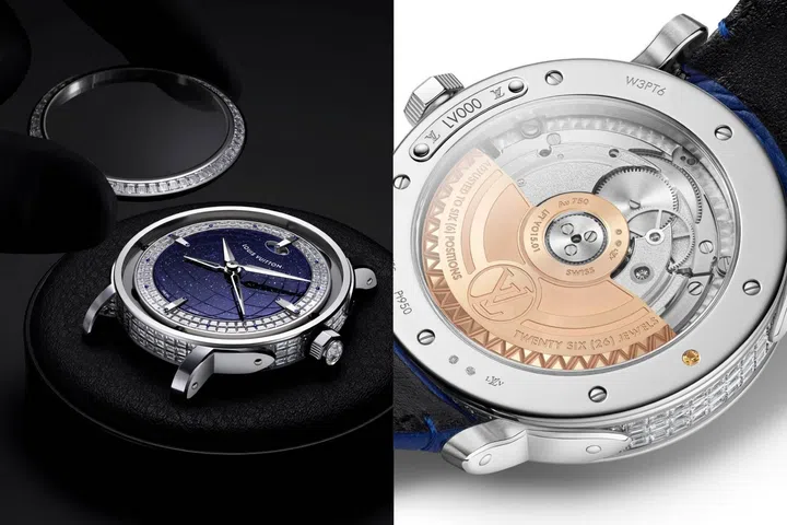 Close-up of the Louis Vuitton Escale Twin Zone High Jewellery in platinum, distinguished by a deep blue aventurine globe dial surrounded by baguette-cut diamonds, with additional diamonds set across the bezel, case and clasp.