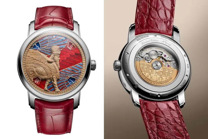 Vacheron Constantin Métiers d’Art Tribute to Great Civilisations – Lamassu de Sargon II in white gold featuring a hand-patinated limestone sandstone Lamassu figure against a deep red enamelled dial