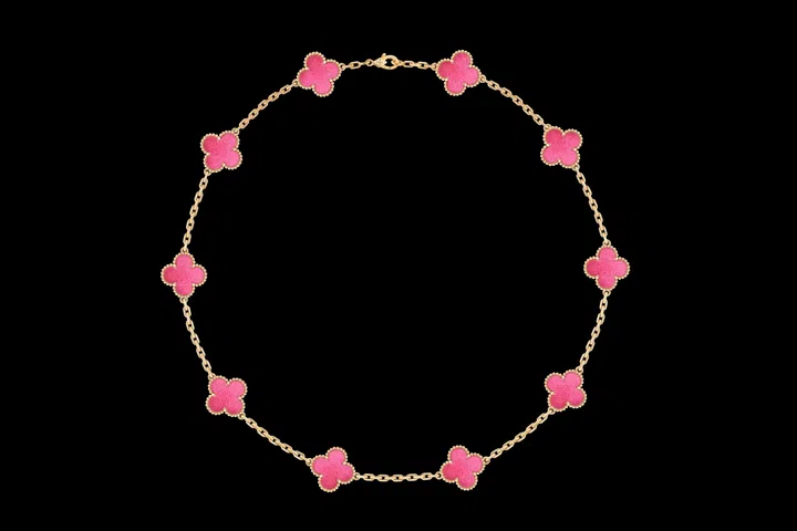 Van Cleef & Arpels Vintage Alhambra necklace with 10 motifs in yellow gold and pink enamel