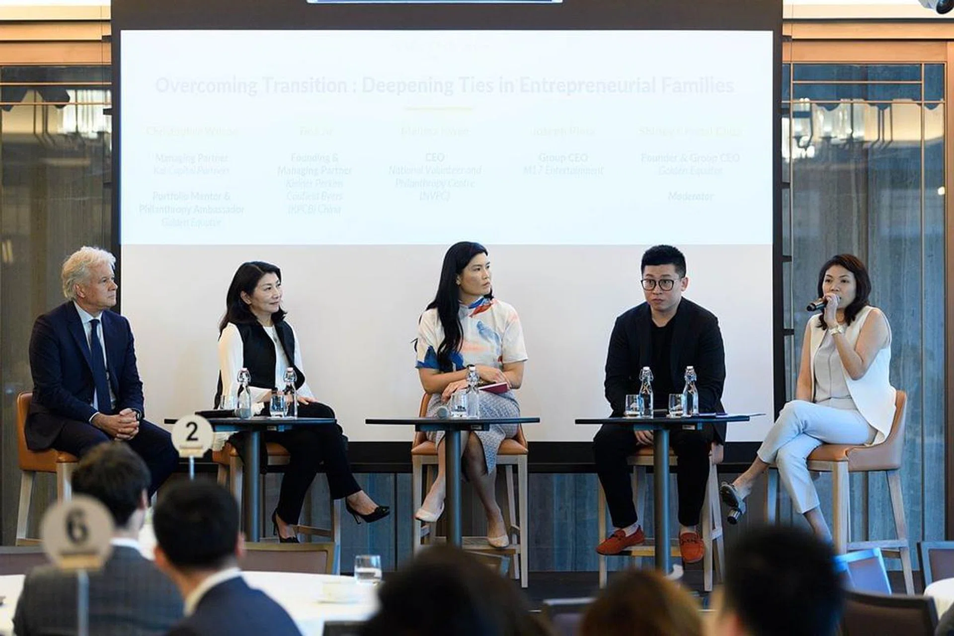 Christopher Wilson (Kai Capital Partners), Tina Ju (KPCB China), Melissa Kwee (NVPC), Joseph Phua (M17 Entertainment) & Shirley Crystal Chua (Group CEO, Golden Equator) moderating the dialogue session on Overcoming Transition: Deepening Ties in Entrepreneurial Families