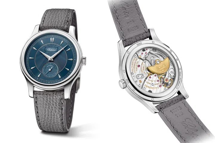 Chopard L.U.C 1860 in 36.5mm Lucent Steel case with blue guilloche dial and small seconds subdial