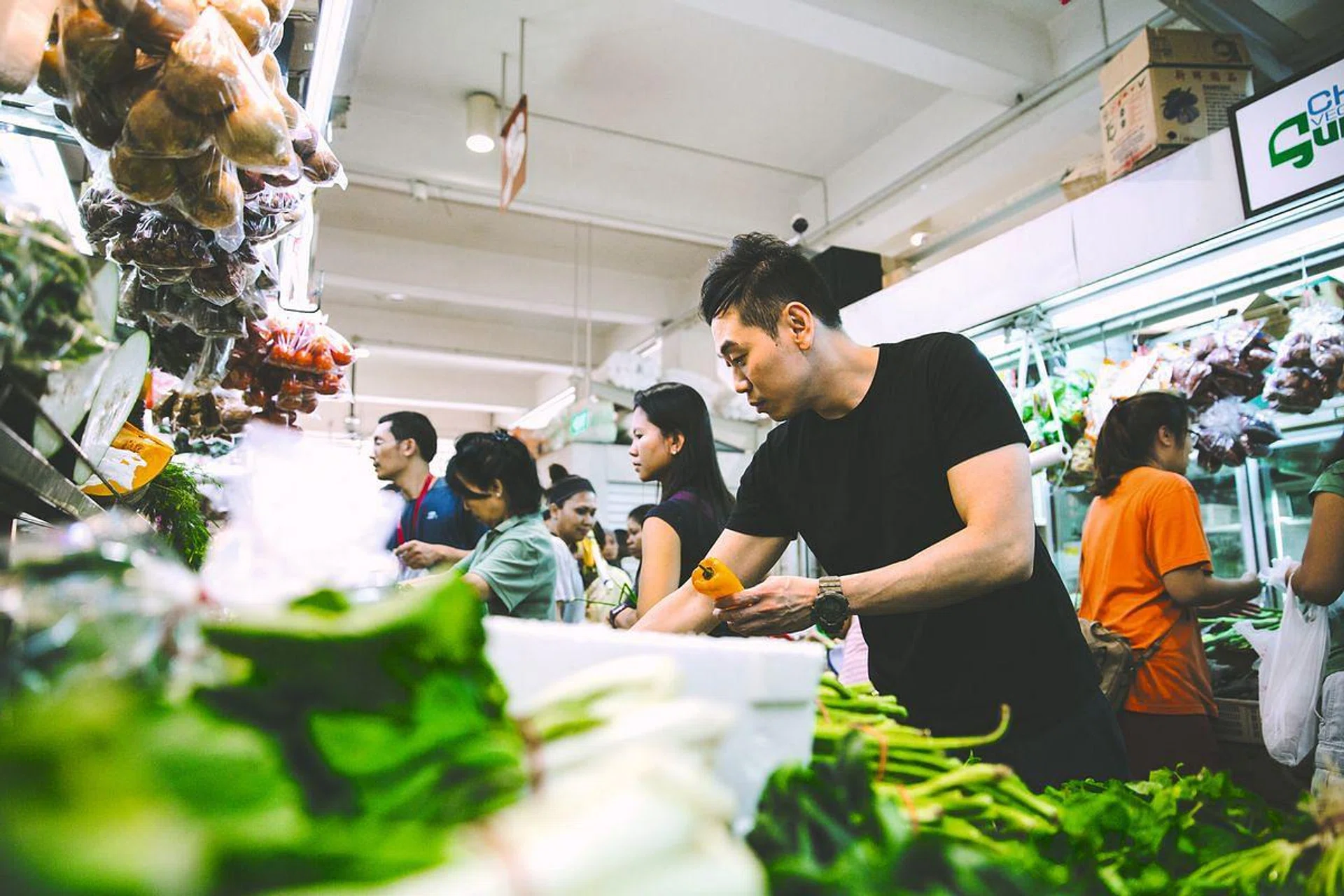 <h3><b>10.30 AM: VISIT TEKKA CENTRE’S WET MARKET </b></h3><br>Low has been coming to this wet market since he started Wild Rocket 11 years ago. No surprise then that he is friends with vendors such as Victor Chia, who owns Chia’s Vegetables Supply, and David Johari, the meat specialist behind Joe’s Butchery. “This market has an amazing selection. I come here to pick up items such as fresh green peppercorns,” he says.