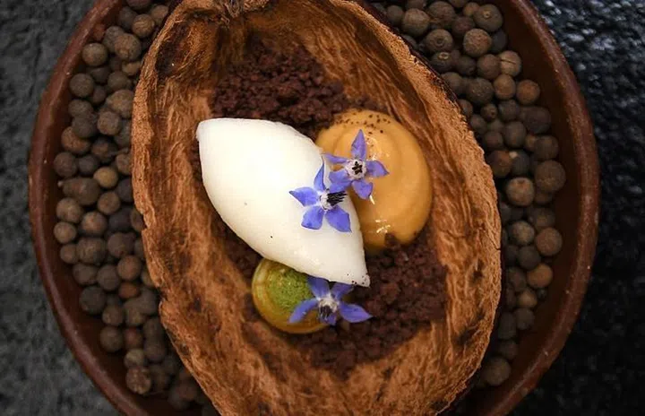 Soursop sorbet, lemongrass dulce de leche, amazonian chocolate crumbs