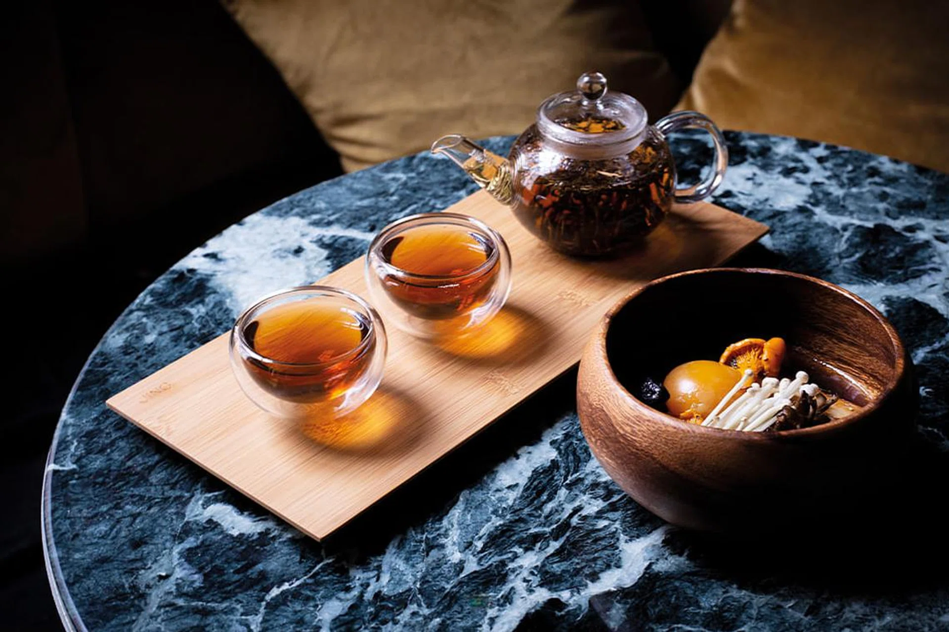 Club Gascon in London teamed up with JING Tea. Here, Forest mushroom broth with cured egg yolk is paired with Yunnan gold tea.