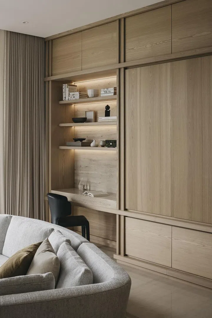 A travertine table top is inserted into the storage structure, where the owner can sit at to work. (Photo: Studio Periphery)