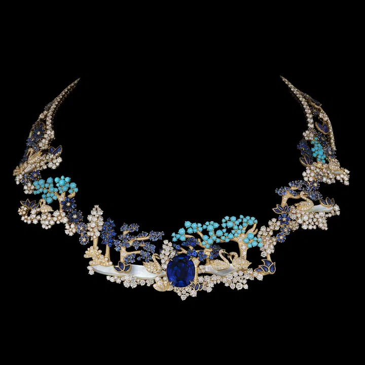 Dior Diorama & Diorigami yellow and pink gold necklace with diamonds, sapphires, mother-of-pearl and turquoise. (Photo: Dior)