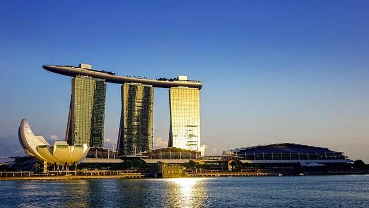 singapore, marina bay sands, artscience museum, landmark, nature, singapore river, blue sky, hotel, tourism, travel, sunset, golden, refection, blue river, blue hotel