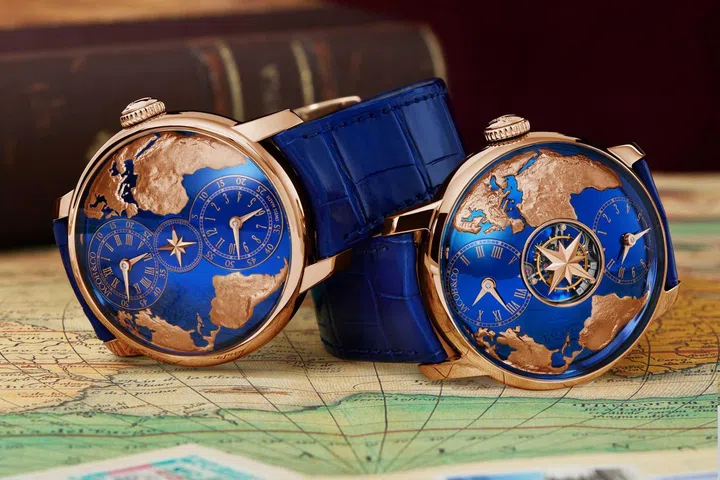 Jacob & Co. The World Is Yours Dual Time Zone watch alongside a tourbillon model, both featuring globe-inspired dials and highly decorative finishing.
