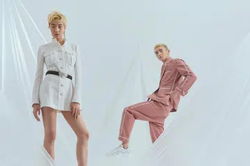 (Left) Polyamide tweed dress, calfskin and crystal belt, and crystal earring, from Chanel. (Right) Cotton jacket, cotton trousers, and technical mesh and rubber sneakers, from Dior.
