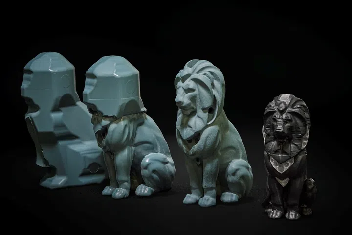 Series of production stages showing the carving and almost-finished chess piece of Chanel’s lion in high-resistance ceramic.