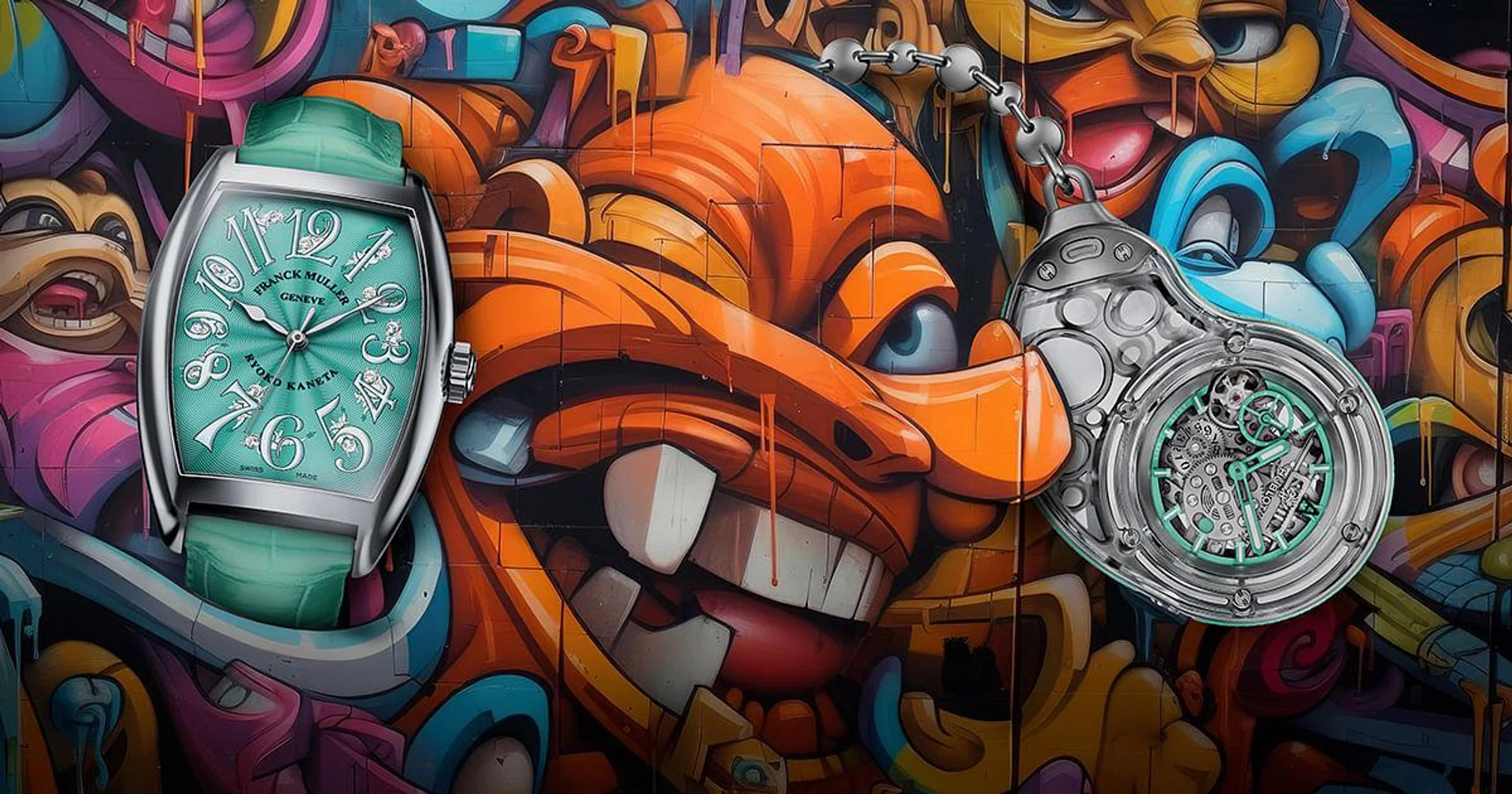 (Left) Manga: Franck Muller Cintrée Curvex Ryoko Kaneta Dragon Limited Edition, (right) Uchronic aesthetics: Hublot Arsham Droplet. (Photo: Ashruddin Sani)