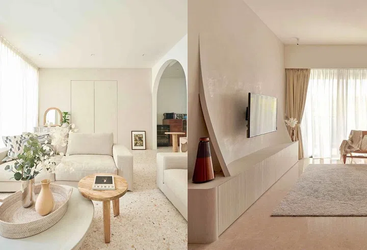 Left: A this Japandi-inspired unit in Carmen Terrace in earthy colours and natural materials. Right: A unit in Seaside Residences boasts a tranquil, clean interior that allows architectural details and organic elements to shine. Photos: EightyTwo