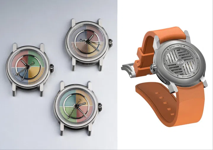 Singapore watch brands: Three Horizon Watches Spectrum models with 38mm stainless steel cases, showcasing the collection’s distinctive multi-layer dials, integrated stainless steel bracelets, and colourful quadrant designs beneath CNC-machined steel upper layers.