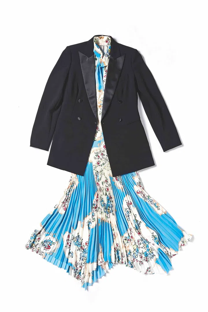 Polyester jacket from Max Mara. Silk blouse and silk skirt from Tory Burch.