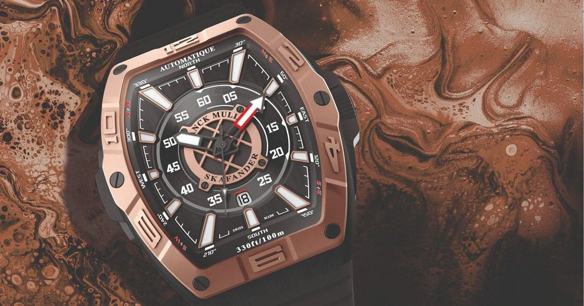 The new Franck Muller Skafander 43 features a second central rotating ring for divers to track their dive times more precisely. (Photo: Franck Muller)