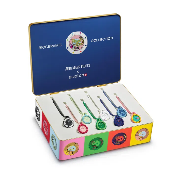 The Royal Pop collection transforms transforms the Royal Oak into a colourful Bioceramic pocket watch inspired by Swatch POP watches from the 1980s.