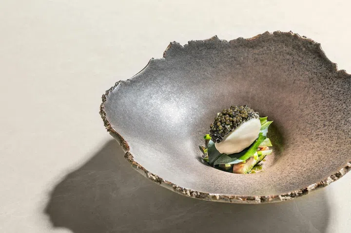 Smoked Eel with Oyster Leaf, Horseradish Gelato and Amur Caviar