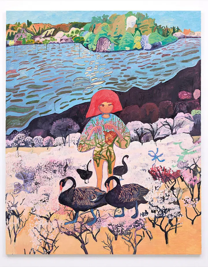 Plum Trees and Black Swans, 2021, by Makiko Kudo (Tomio Koyama Gallery).