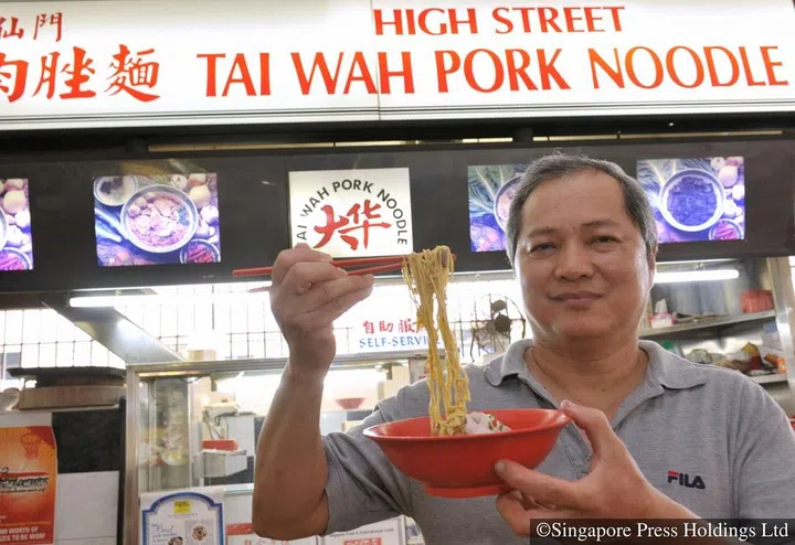 #ST23122008_141785/Desmond Foo/LijieMr Tang Chai Chye at his outlet in bestway building, and a close-up of his noodle dish. Story about rivalry among the brothers selling tai wah bak chor mee, an established name in the hawker food scene, becomes more tense as a fourth outlet by their eldest brother's son opens in VivoCity12 Prince Edward Rd, 01-16, Bestway Building