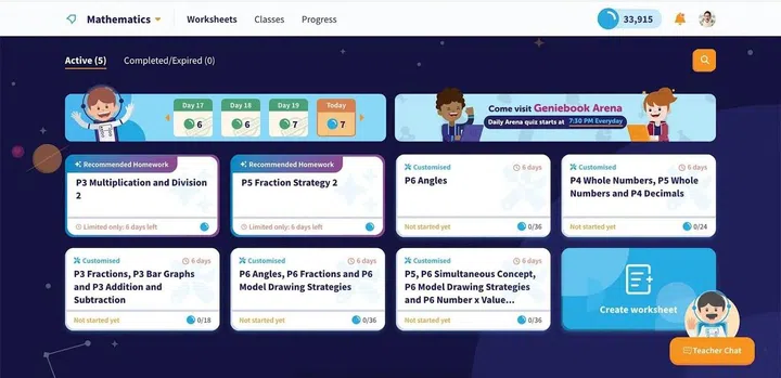 Recommended worksheets show up on the GenieSmart interface as automatically suggested worksheets with recommended topics that match your child’s recent activity on Geniebook. (Photo: Geniebook)