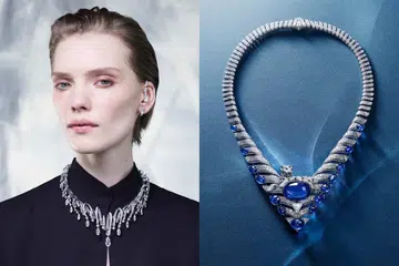 Cartier Le Choeur des Pierres Tellura white gold necklace set with 30 diamonds in an openwork design, and Panthère Kentia necklace with the house’s emblematic panther draped over a 50.13-carat cabochon-cut Ceylon sapphire