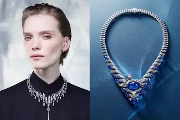 Cartier Le Choeur des Pierres Tellura white gold necklace set with 30 diamonds in an openwork design, and Panthère Kentia necklace with the house’s emblematic panther draped over a 50.13-carat cabochon-cut Ceylon sapphire