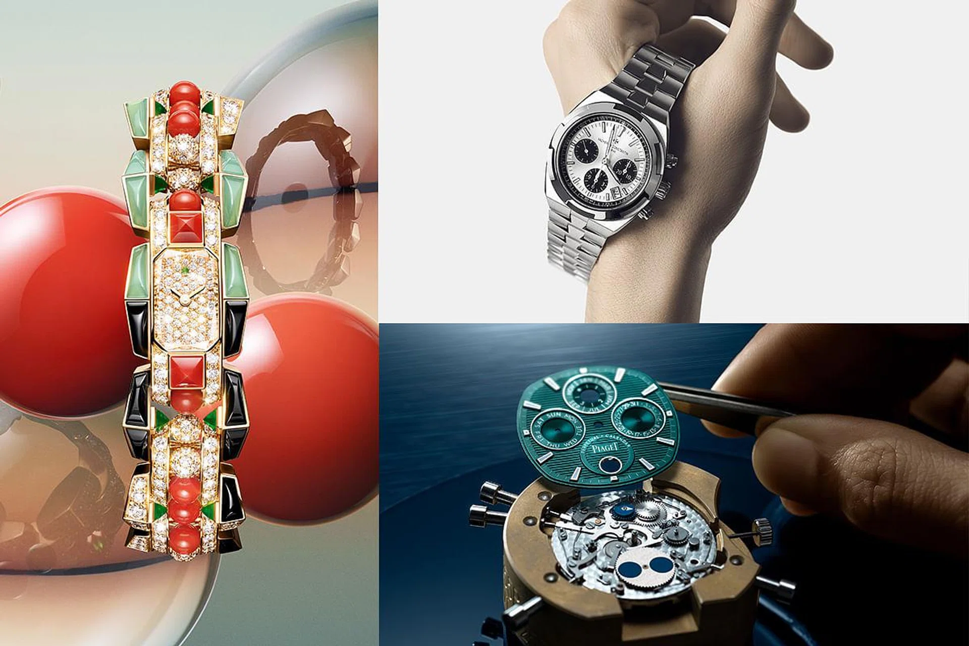 Images of the Clash Unlimited watch, Vacheron Constantin Overseas Chronograph with panda dial and the Piaget Polo Perpetual Chronograph being assembled.