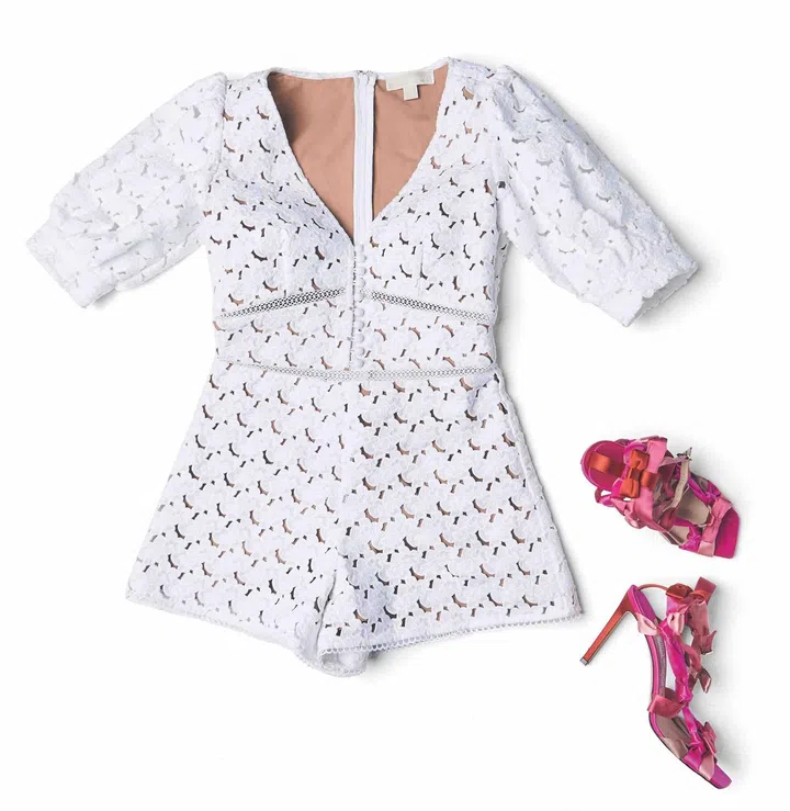 Tjang chose the Lace romper from Michael Kors and a pair of silk ribbon heels from Jimmy Choo.