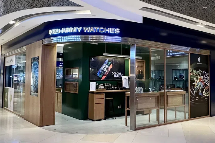 Interior of Red Army Watches at ION Orchard in Singapore, a specialist retailer known for independent, microbrand and design-led watches.