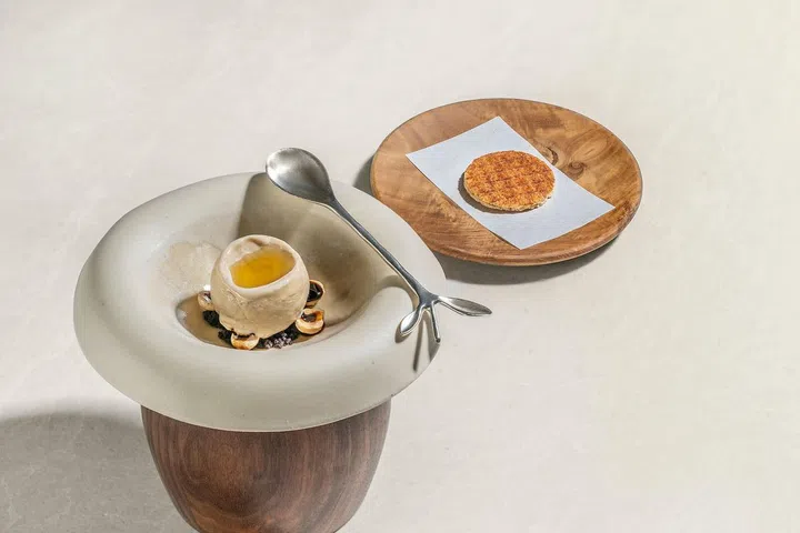 Sunchoke gelato with coffee oil, 20-year-old balsamic vinegar and Piedmont hazelnuts