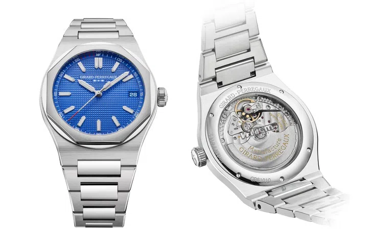 Front and back views of the Girard-Perregaux Laureato Williams Edition 42mm, showing its blue Clous de Paris dial and automatic movement.