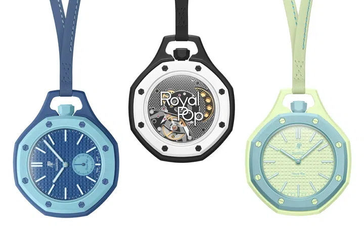 The Audemars Piguet x Swatch Royal Pop collection features pocket watch case construction in both Savonette and Lepine styles