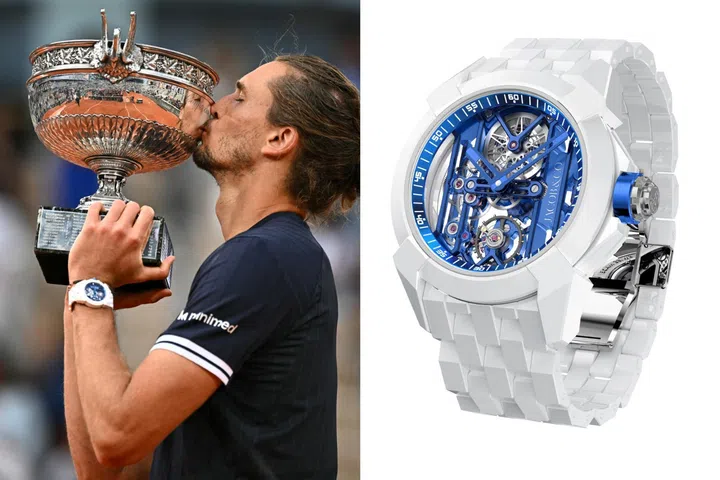 French Open champion Alexander Zverev kisses the Coupe des Mousquetaires while wearing the white ceramic Jacob & Co. Epic X Ceramic during the Roland-Garros 2026 trophy presentation.