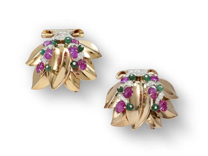 The Cartier Tutti Frutti double-clip brooch made with sapphires, emeralds, rubies and diamonds circa 1929. (Photo: Palais Royal)