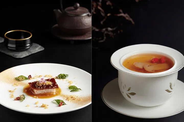 Hong Kong-Style Typhoon Shelter Peking Duck with Prawn Paste (left) and Double-boiled Matsutake Mushroom in Kampong Chicken Soup are modern interpretations of Cantonese dishes. (Photos: Taste Paradise)